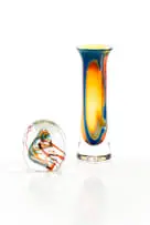 David Reade, Cylindrical glass vase with flared rim; amber and blue paperweight, two, hand-blown glass