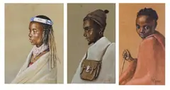 Constance Helen Greaves, Profile of a Woman in Traditional Dress; Chezi Lrile, Office Boy I; Chezi Lrile, Office Boy II, 1947, watercolour on paper laid down on board