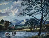 Robert Brooks, Cattle Watering in a Mountainous Landscape, oil on board