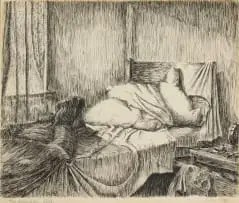 The Unmade Bed by Fred Page, felt tip pen and ink on paper, sold Jul 2025