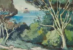 Sydney Carter, A departing Ship, watercolour on paper laid down on board
