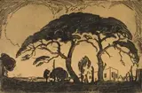 Jacobus Hendrik Pierneef, Camel Thorn and Voortrekker House, 1928, etching on paper
