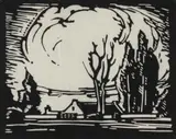 Jacobus Hendrik Pierneef, Huis in Aand (Evening, Transvaal Homestead) (Nilant 54), 1928, linocut on rice paper