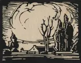 Jacobus Hendrik Pierneef, Huis in Aand (Evening Transvaal Homestead) (Nilant 54), 1928, linocut on onion skin paper