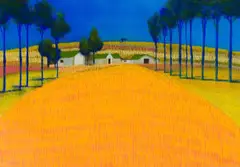 Pieter van der Westhuizen, Wheatfield with Houses, pastel on paper