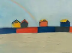 Ernst de Jong, Muizenberg Huts, ink and pastel on paper