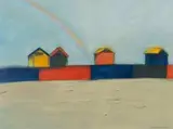 Ernst de Jong, Muizenberg Huts, ink and pastel on paper
