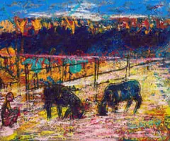 Gabriel Tsolo, Cattle and Seated Figure, oil on board