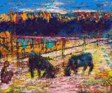 Gabriel Tsolo, Cattle and Seated Figure, oil on board