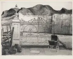 Pippa Skotnes, Perambulator by a Wrought Iron Gate, etching on paper