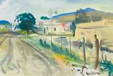 Gerhard Batha, Roadside Farmhouse with Windmill, gouache on paper