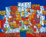 Walter Battiss, Figures in Yellow and Red, oil on canvas