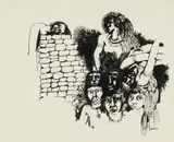 Walter Battiss, Figures with Brick Wall, pen and ink on paper