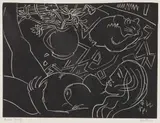 Walter Battiss, Reclining Nude and Cat (Belinda Pregnant with Veronica), linocut on paper