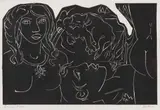 Twee Figure met Kat (Two Figures with Cat) by Walter Battiss, woodcut on paper, sold Jun 2025