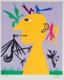Walter Battiss, Yellow Head with Birds (Yellow), colour screenprint on paper