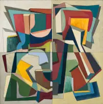Olaf Bisschoff, Abstract in Red, Yellow and Green, 2025, oil on canvas laid down on board