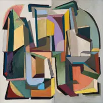 Olaf Bisschoff, Abstract in Green, Blue and Yellow, 2025, oil on canvas laid down on board