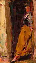Adriaan Boshoff, Woman Standing in a Doorway, oil on canvas laid down board