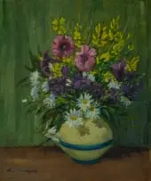 James Thackwray, Vase with Purple and White Flowers, oil on canvas