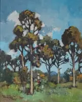 Conrad Theys, Figure beneath Blue Gum Trees, 1987, oil on canvas laid down on board
