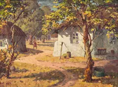 Nils Andersen, Cottages along a Pathway, 1961, oil on board