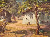 Nils Andersen, Cottages along a Pathway, 1961, oil on board
