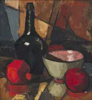 David Botha, Still Life with Pomegranates and Bottle, 1963, oil on canvas laid down on board