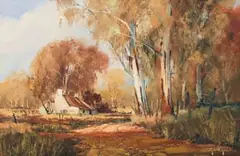 Gerrit Roon, Cottage on a Gravel Roadway Lined with Blue Gum Trees, oil on canvas