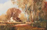 Gerrit Roon, Cottage on a Gravel Roadway Lined with Blue Gum Trees, oil on canvas