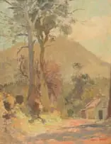 Frank Spears, Cottage and Trees beneath a Mountain, oil on board