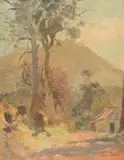 Frank Spears, Cottage and Trees beneath a Mountain, oil on board