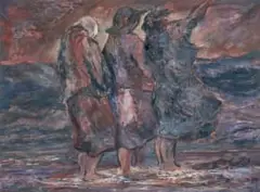 Three Women on a Beach by Amos Langdown, 1981, oil on board, sold Jul 2026