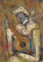 Carl Büchner, Harlequin with Mandolin, oil on board