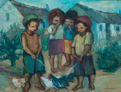 Seuns wat Piepie (Boys Urinating) by Amos Langdown, oil on canvas laid down on board, sold Jul 2026