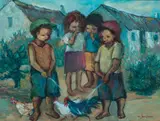 Amos Langdown, Seuns wat Piepie (Boys Urinating), oil on canvas laid down on board