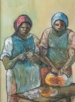 Amos Langdown, Two Women Preparing Pumpkin, 1993, oil on artist's board