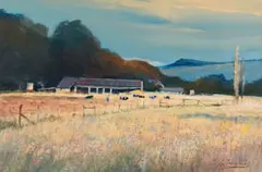 Christopher Tugwell, Farm Buildings with Cattle, oil on canvasboard