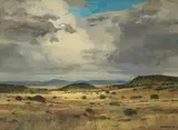 Eben van der Merwe, Landscape with Distant Mountains and Storm Clouds, 1986, oil on board