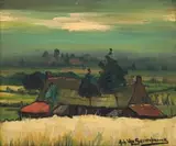 Achille Van Sassenbrouck, Landscape with Farmhouse, oil on board