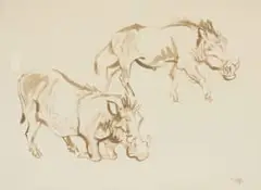 Warthogs by Zakkie Eloff, watercolour on paper laid down on board, sold Jul 2026