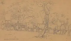 Erich Mayer, Composition with Ox-wagon and Figure, 1951, pencil on card