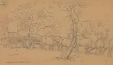 Erich Mayer, Composition with Ox-wagon and Figure, 1951, pencil on card