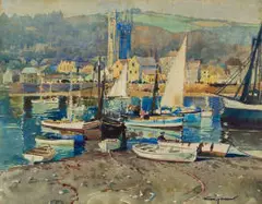 Terence McCaw, Harbour with Yachts, watercolour on paper laid down on board