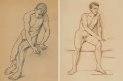 Erich Mayer, Study of Seated Male Nude, two, 1935, the first pencil on paper; the second charcoal on paper
