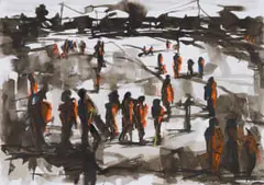 Asanda Dredunik Kupa, A Cow Is Tied up by a Rope Made from Cowhide IV, 2019, ink and soft pastel on Fabriano paper