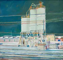 Cement Silos, The West, Sydney by Alexander Podlashuc, oil on canvas laid down on board, offered Feb 2025