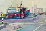 Alexander Podlashuc, Synchrolift, Cape Town Docks, oil on canvas laid down on board