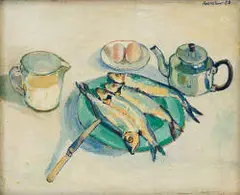 Still Life with Fish, Eggs and Milk by Alexander Podlashuc, oil on artist's board, sold Feb 2025