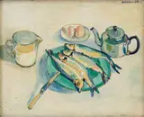 Alexander Podlashuc, Still Life with Fish, Eggs and Milk, oil on artist's board